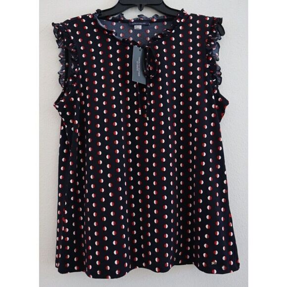 Tommy Hilfiger Women's Sz L Navy Polka Dot Sleeveless Ruffled Edge Blouse $60 - Picture 1 of 7